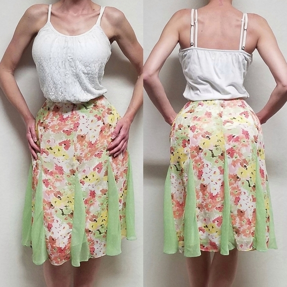 Retro Y2K Allison Taylor Floral Polka-dot Mutli-print Chiffon Paneled Midi Skirt - Picture 1 of 11